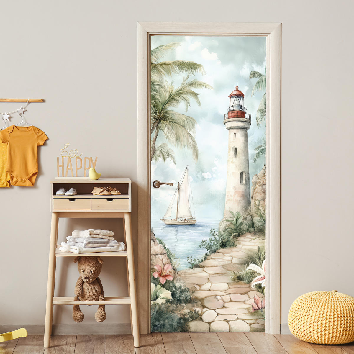 TÜRAUFKLEBER Leuchtturm - Natur - Landschaft - Boot 80x215 cm - Türtapete - Eichefarben, Kunststoff (80/0.1cm) - MuchoWow