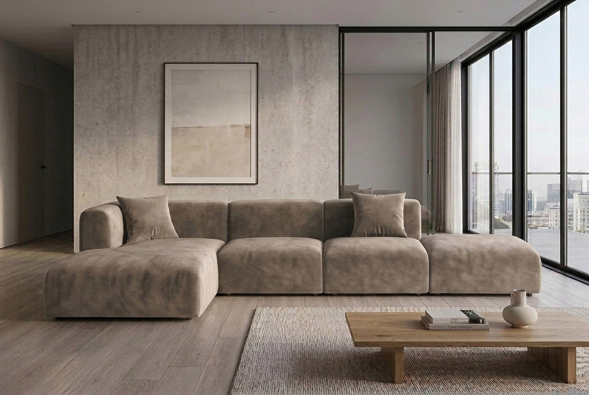 ECKSOFA L-Form Mit Hocker, Velvet-Stoff Bluvel, Latte, Links, GRETA - Hellbraun, Holz (386/179cm) - Kaiser Möbel