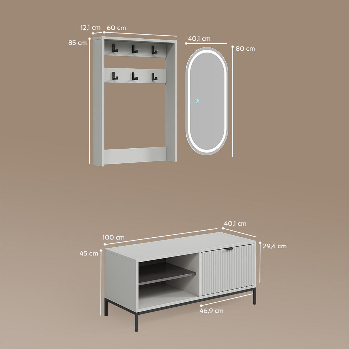 GARDEROBE Aterno Grau Set, 3 Teile - Grau, Holzwerkstoff (100/45/40cm) - Livinity®