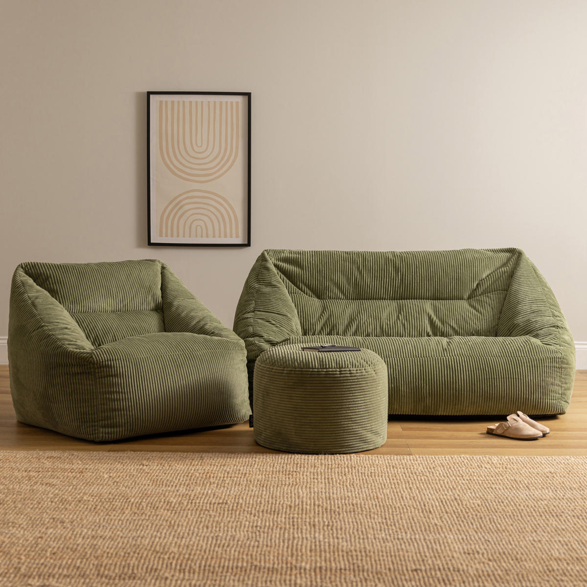 SITZSACK Sofa mit Sessel und rundem Hocker Cecilia - Salbeigrün, Textil (160/35/93cm) - icon