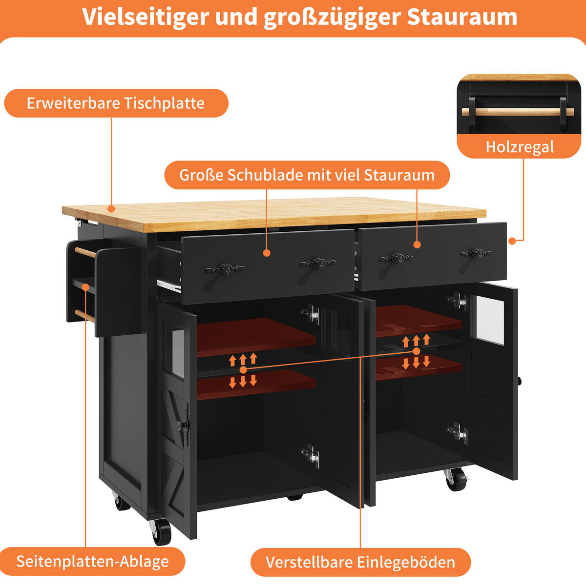 KÜCHENWAGEN aus MDF mit ausziehbarer Platte & Rollen, 140/45/73/93,5 cm, Schwarz - Schwarz, Holzwerkstoff (140/93.5/45cm) - Redom