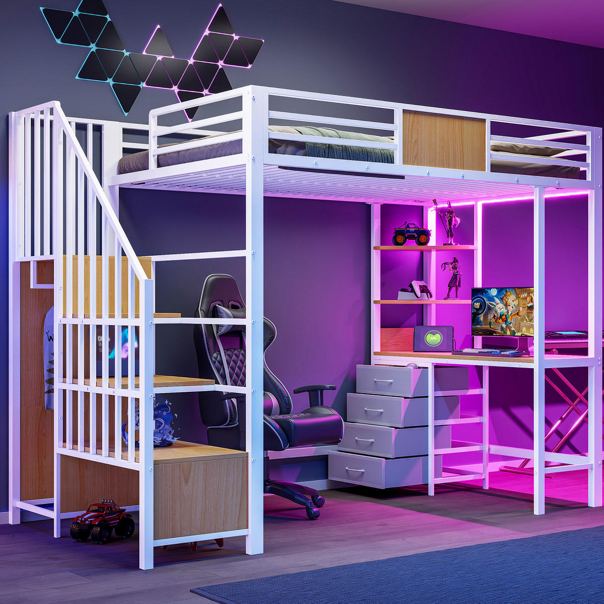 HOCHBETT 90/200 cm mit Schreibtisch, Ablagefächern, Kleiderstange, LED-Beleuchtung und Steckdose, Weiß - Weiß, Metall (90/200cm) - Redom