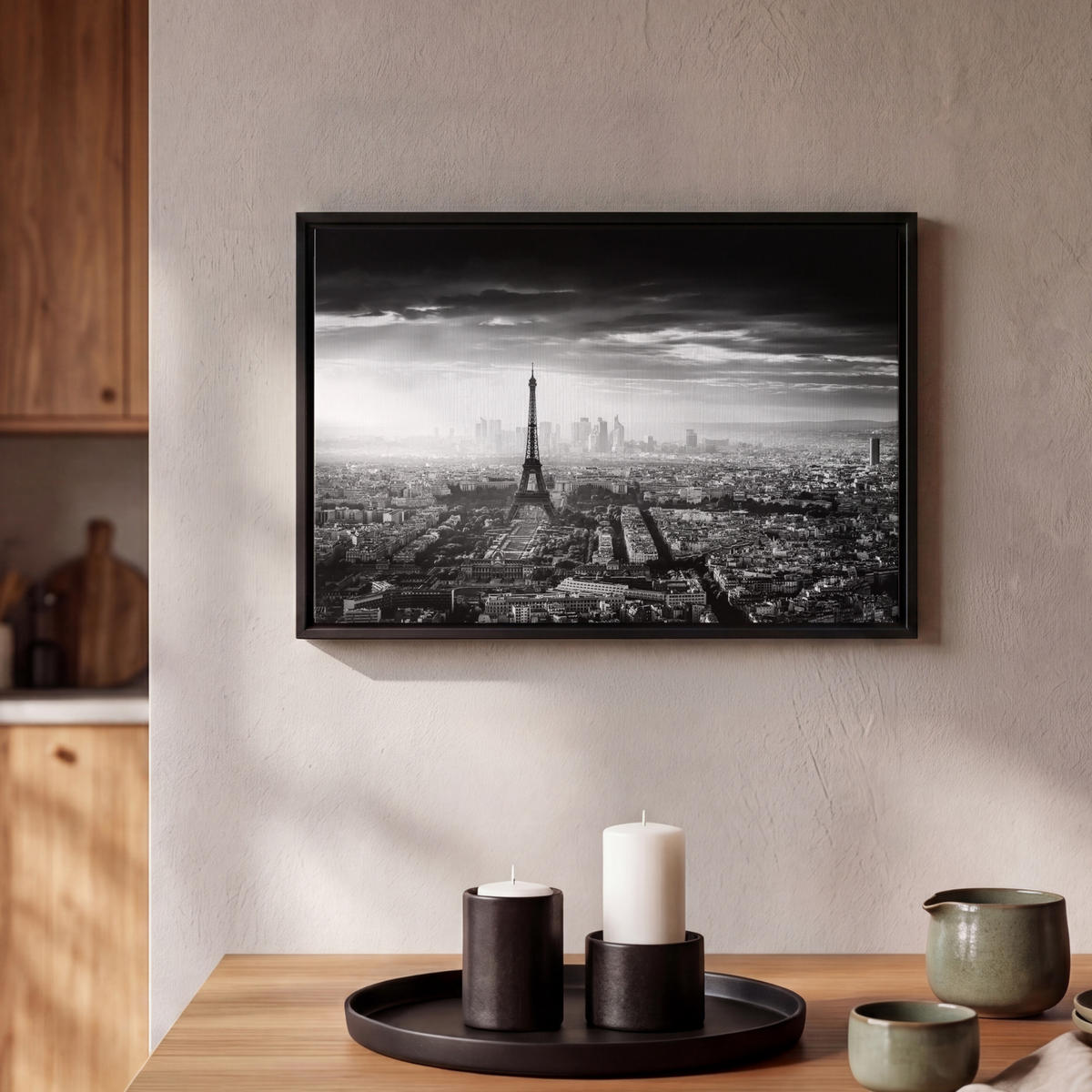 LEINWAND Bilder mit Rahmen - Paris - Skyline - Eiffelturm - Stadt - Wolken - 30x20 - Dunkelgrau, Textil (30/20cm) - MuchoWow