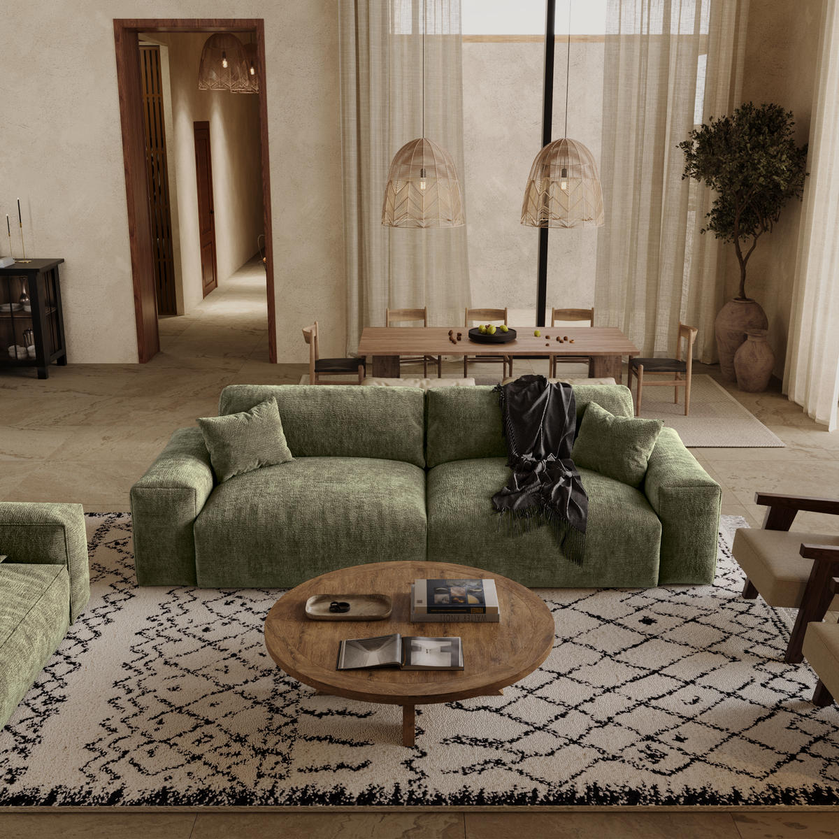 SOFA CHEER Geprägter Samt Vintage-Grün 220cm - Dunkelgrün/Grün, Textil (220/84/94cm) - Premium Interiors