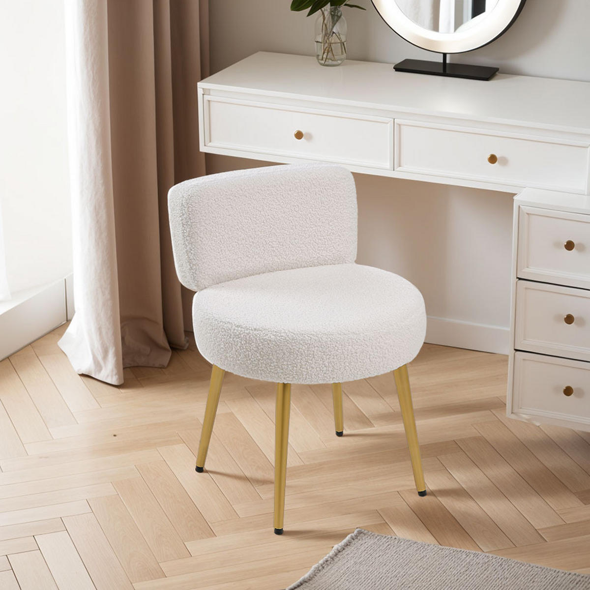 SCHMINKTISCHHOCKER 45/47/60 cm Rückenlehne Metallbeine Teddystoff Cremefarbe - Goldfarben/Creme, Textil/Metall (45/60/47cm) - Livingandhome