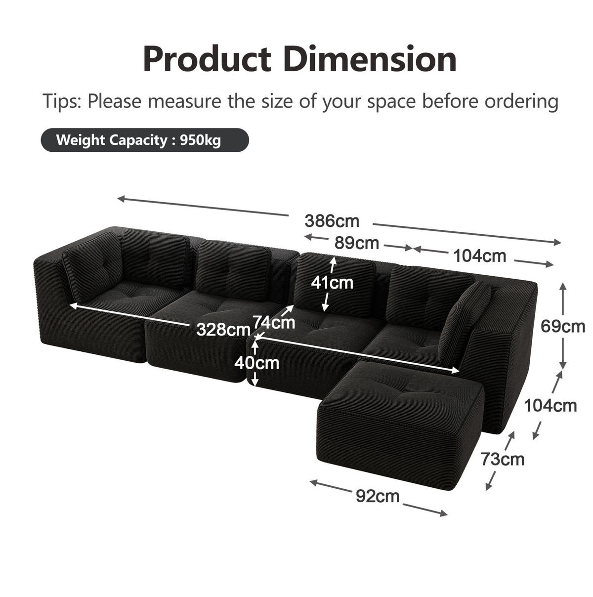 ECKSOFA 386/177/69 cm schwarz aus Cord mit modularem Design und rutschfestem Standfuß - Schwarz, Textil (177/386cm) - OKWISH