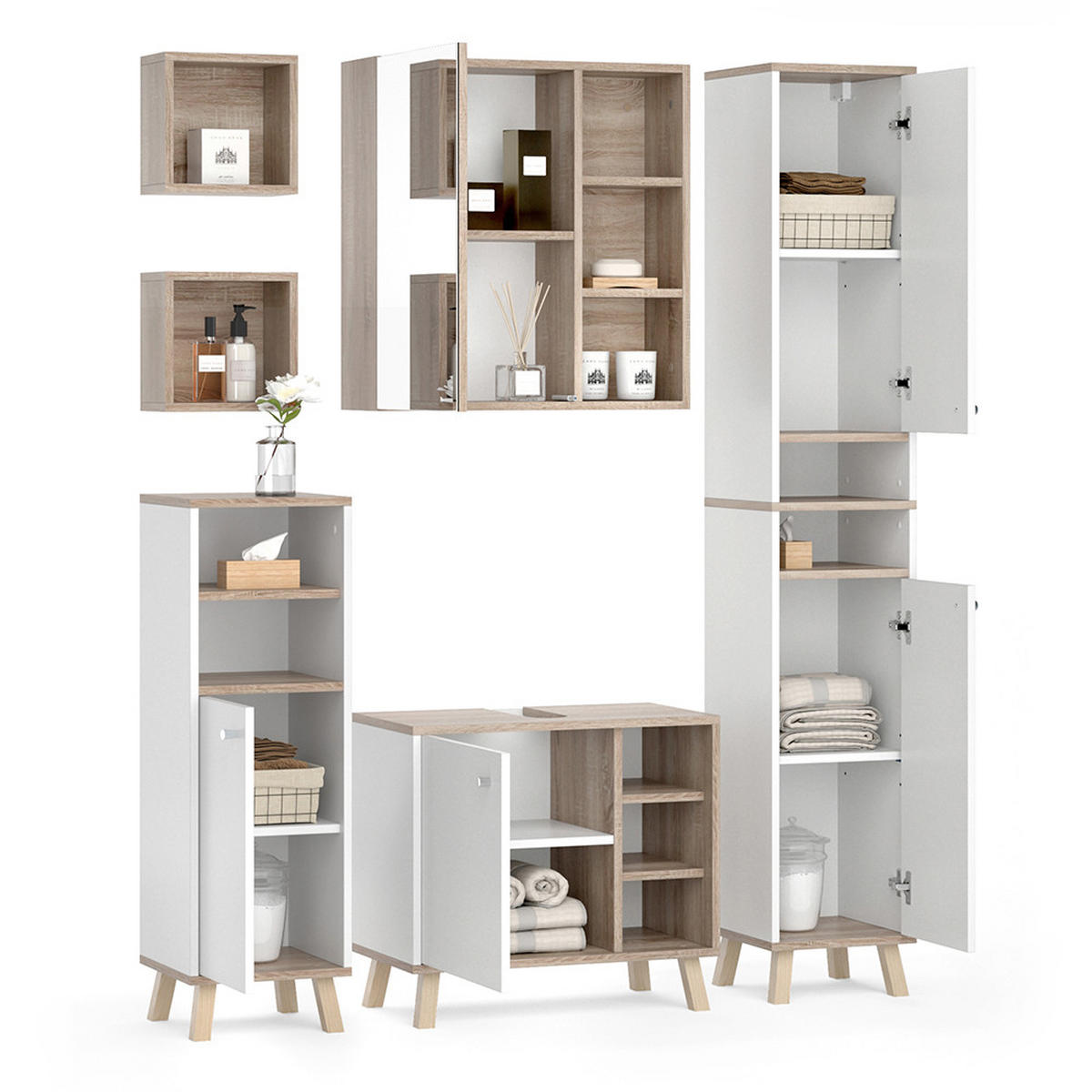 BADMÖBEL-SET Senyo Weiß 5 Teile, mit Hochschrank - Weiß/Sonoma Eiche, Holzwerkstoff (62/54/32cm) - Vicco