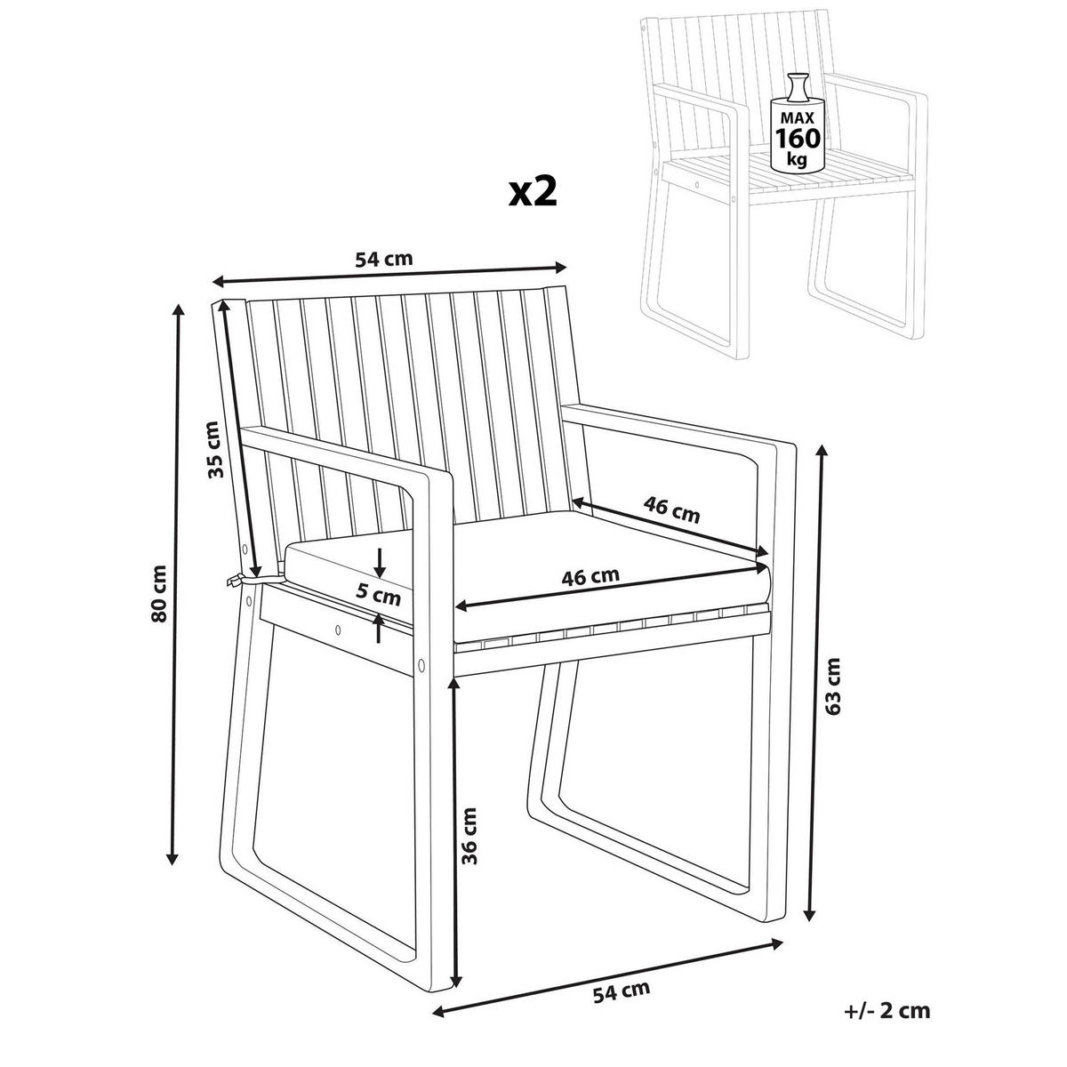 GARTENSTUHL 2er-Set Hellbraun/Hellgrau Sassari Premium - Hellbraun/Grau, Holz (54/80/59cm) - Beliani