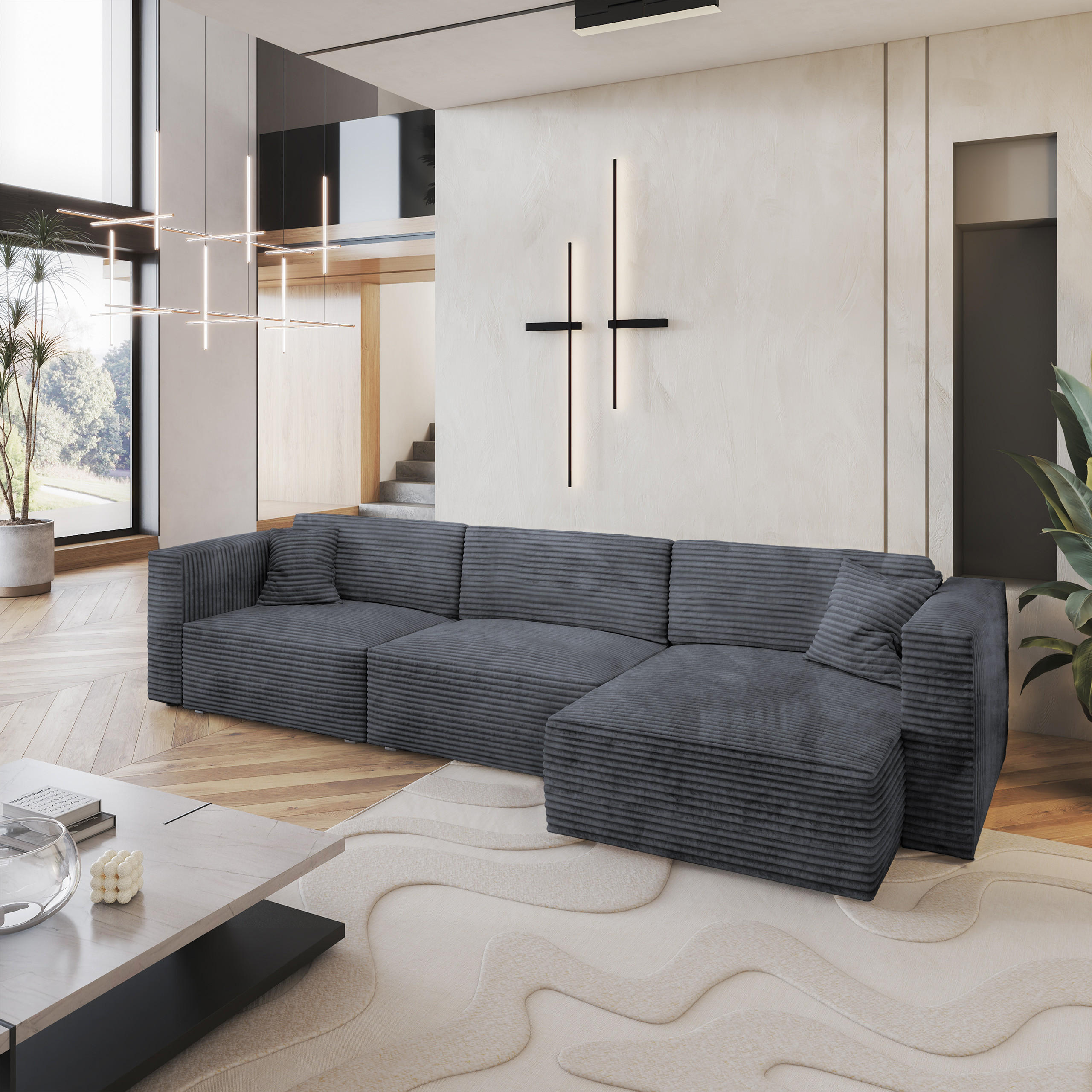 ECKSOFA TOLMO Graphitfarben Kordstoff mit Schlaffunktion - Graphitfarben, Holz (347/148cm) - MASSENO