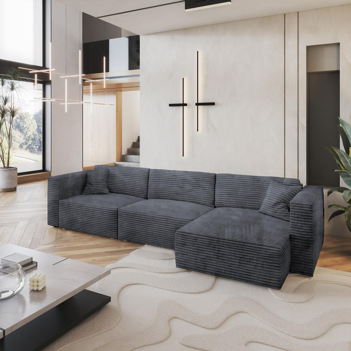 ECKSOFA TOLMO Graphitfarben Kordstoff mit Schlaffunktion - Graphitfarben, Holz (347/148cm) - MASSENO