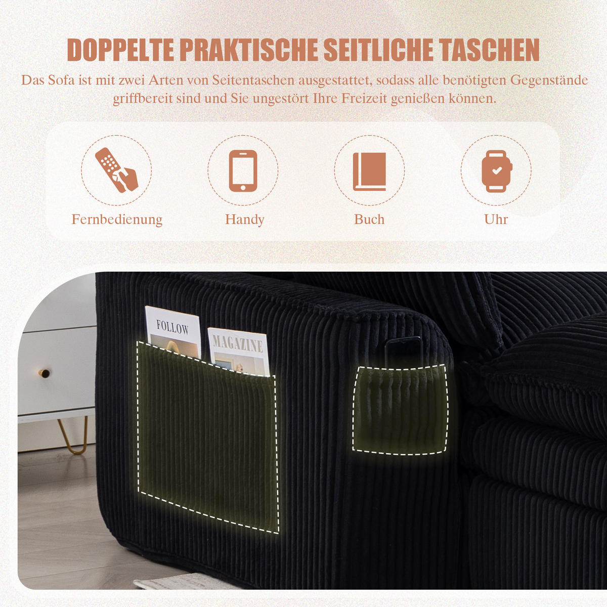 3-SITZER ECKSOFA Cord Schwarz mit Kissen und Hocker - Schwarz, Textil (263/167cm) - WISHDOR