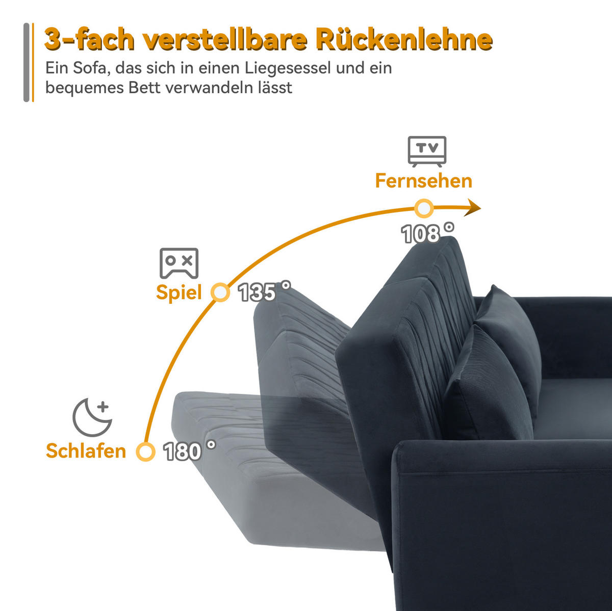 SCHLAFSOFA Samt mit geteilten Rückenlehnen und 5-fach Armlehnen Schwarz 180/75/82 cm - Schwarz, Textil (82/75/180cm) - Redom
