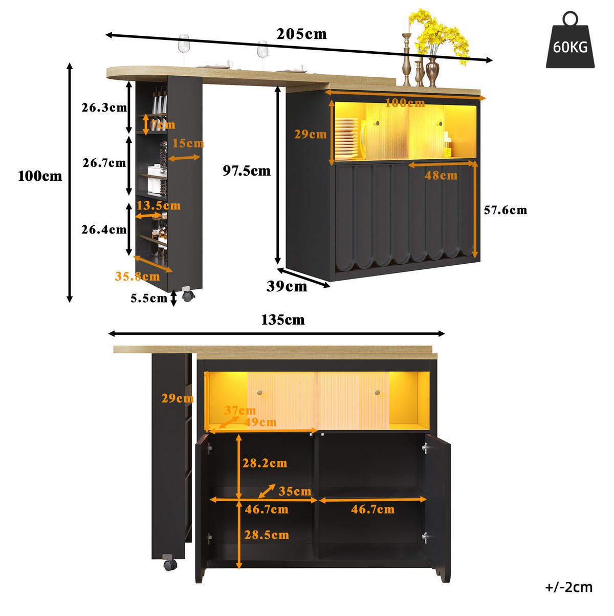 AUSZIEHBARER Bartisch mit LED & Stauraum, 135-205/39/100 cm, Schwarz, mit USB-Anschluss - Schwarz, Holzwerkstoff (39/100/135cm) - Redom