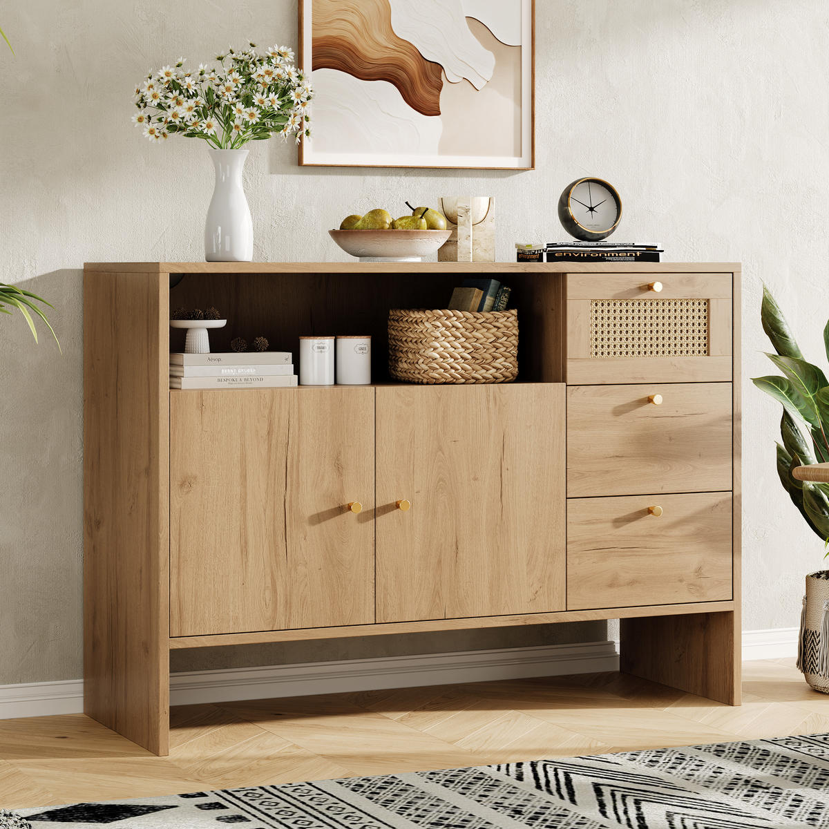 SIDEBOARD 105x40x76 cm mit Rattan, 2 Türen und 3 Schubladen - Naturfarben, Holzwerkstoff (105/76/40cm)