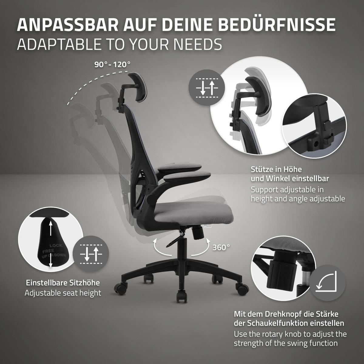 SCHREIBTISCHSTUHL Ergonomic grau - Grau, Kunststoff (60.5/121/60cm) - ML-DESIGN