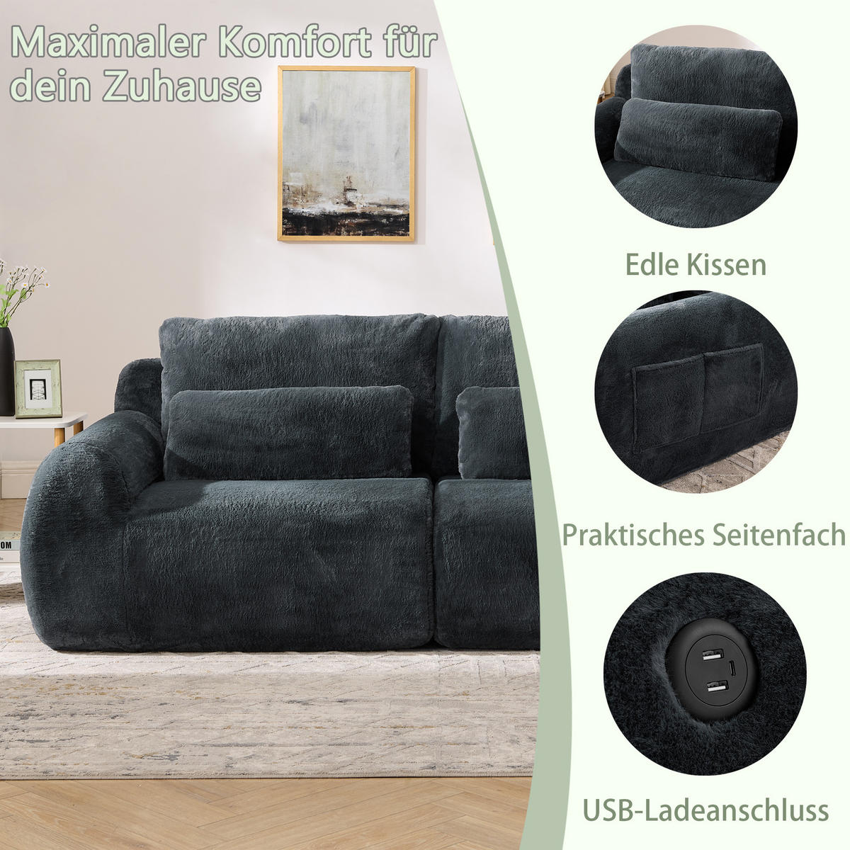 2-SITZER SOFA Kaninchenstil-Kunstfell Grau mit USB und Magazintasche - Grau, Textil (208/81/101cm) - WISHDOR