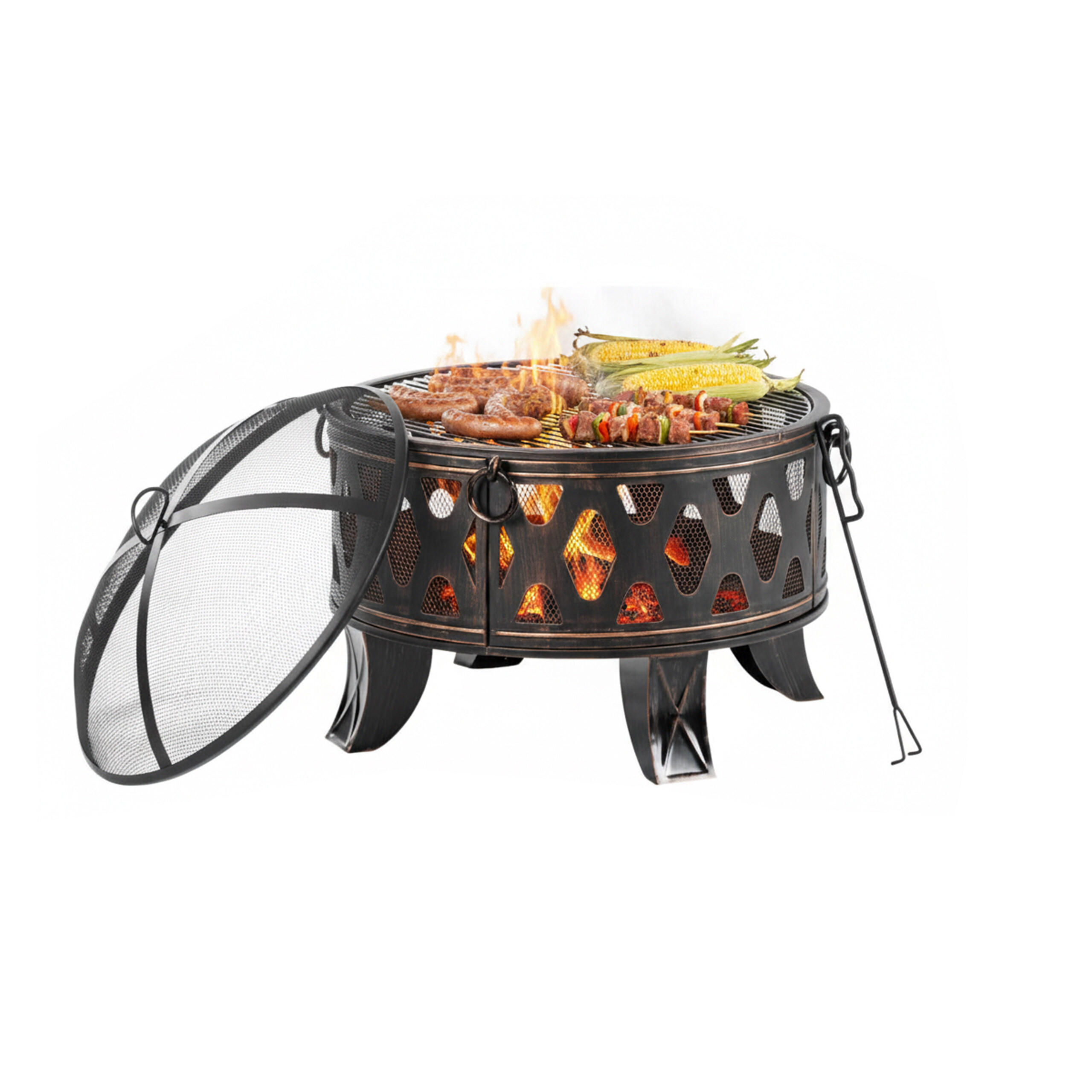 FEUERSCHALE Schwarz Bronze mit Funkenschutz Grillrost - Schwarz, Metall (66/58/66cm) - Relaxdays