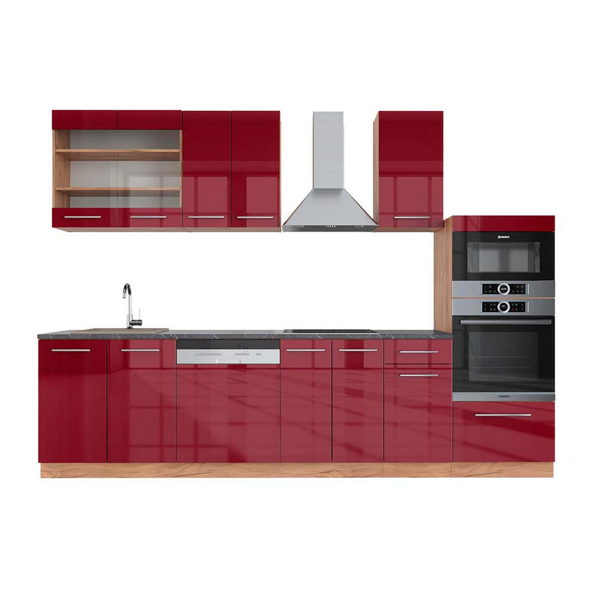 KÜCHENZEILE Fame-Line Bordeaux Hochglanz/Goldkraft Eiche 300 cm AP Anthrazit - Honigeiche/Bordeaux, Holzwerkstoff (300/81.6/60cm) - Vicco