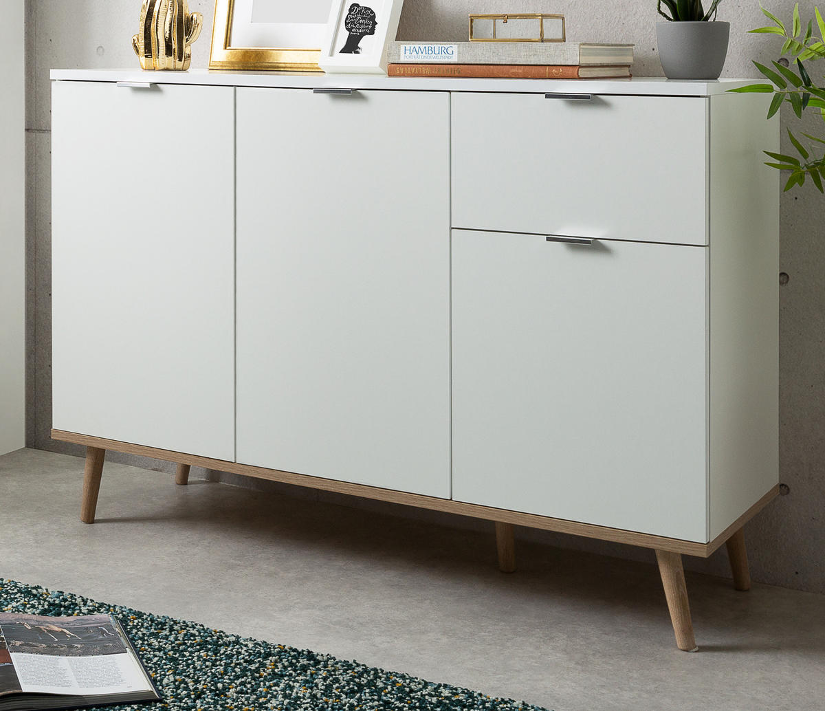 KOMMODE weiß matt, Eiche Sonoma massiv 120 cm, Sideboard 3-türig - Chromfarben/Eichefarben, Holz/Holzwerkstoff (120/85/40cm) - Furn.Design