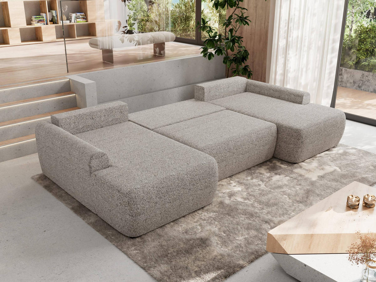 WOHNLANDSCHAFT CUBO U Beige Struktur - Beige/Schwarz, Kunststoff/Textil (370/100/187cm) - MKS