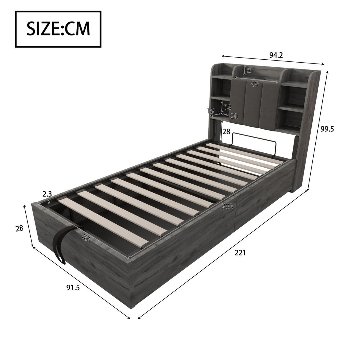 KREVET 90/200 cm s hidrauličnim spremištem, USB i USB-C priključkom te uzglavljem s policama, Siva - siva, drvni materijal (90/200cm) - Redom