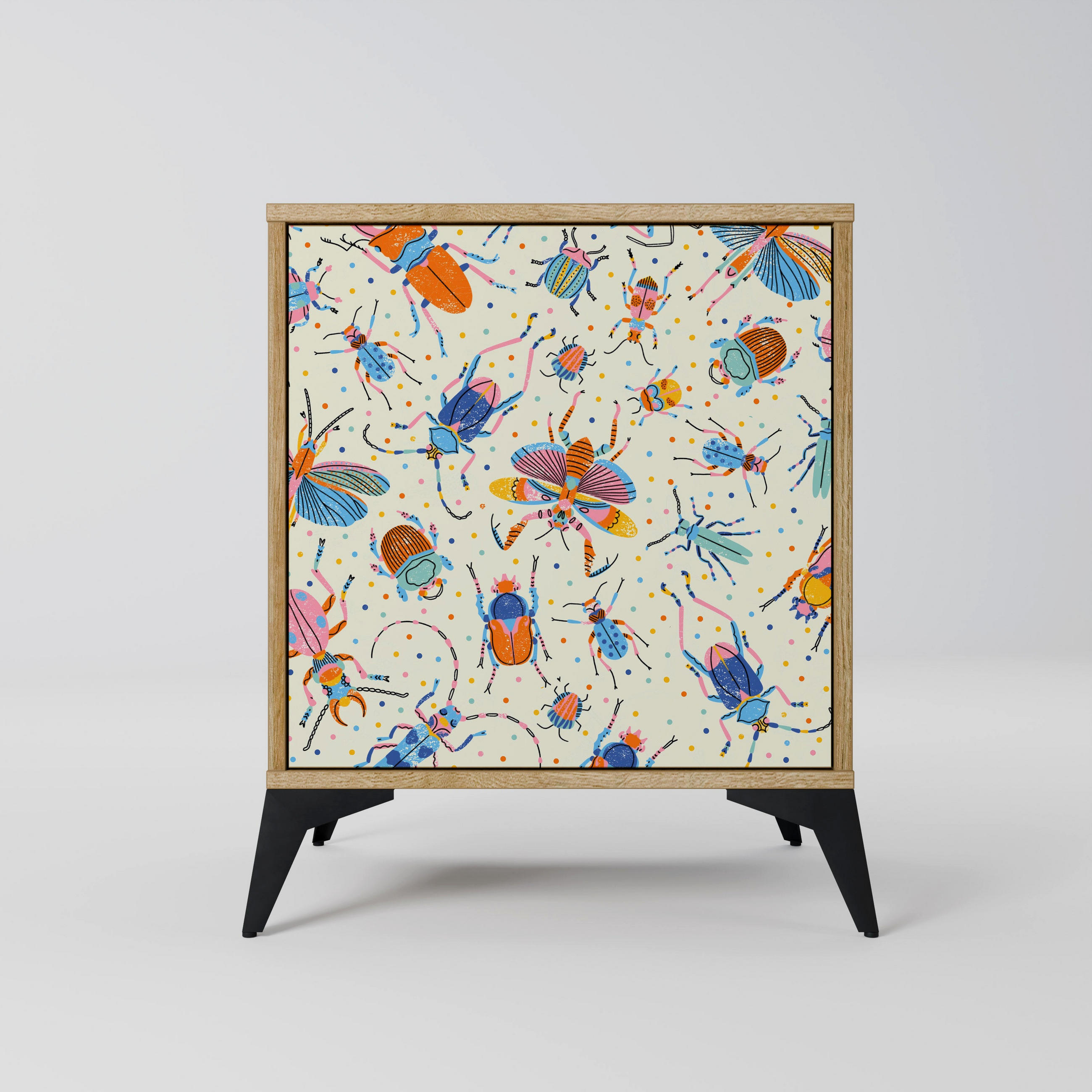 SIDEBOARD COLORFUL INSECTS, Eichefarben, 57,5x42x70,5 cm, Schwarze Metall-Sternfüße - Eichefarben/Multicolor, Holzwerkstoff/Metall (57.5/70.5/42cm) - SpaceRebels