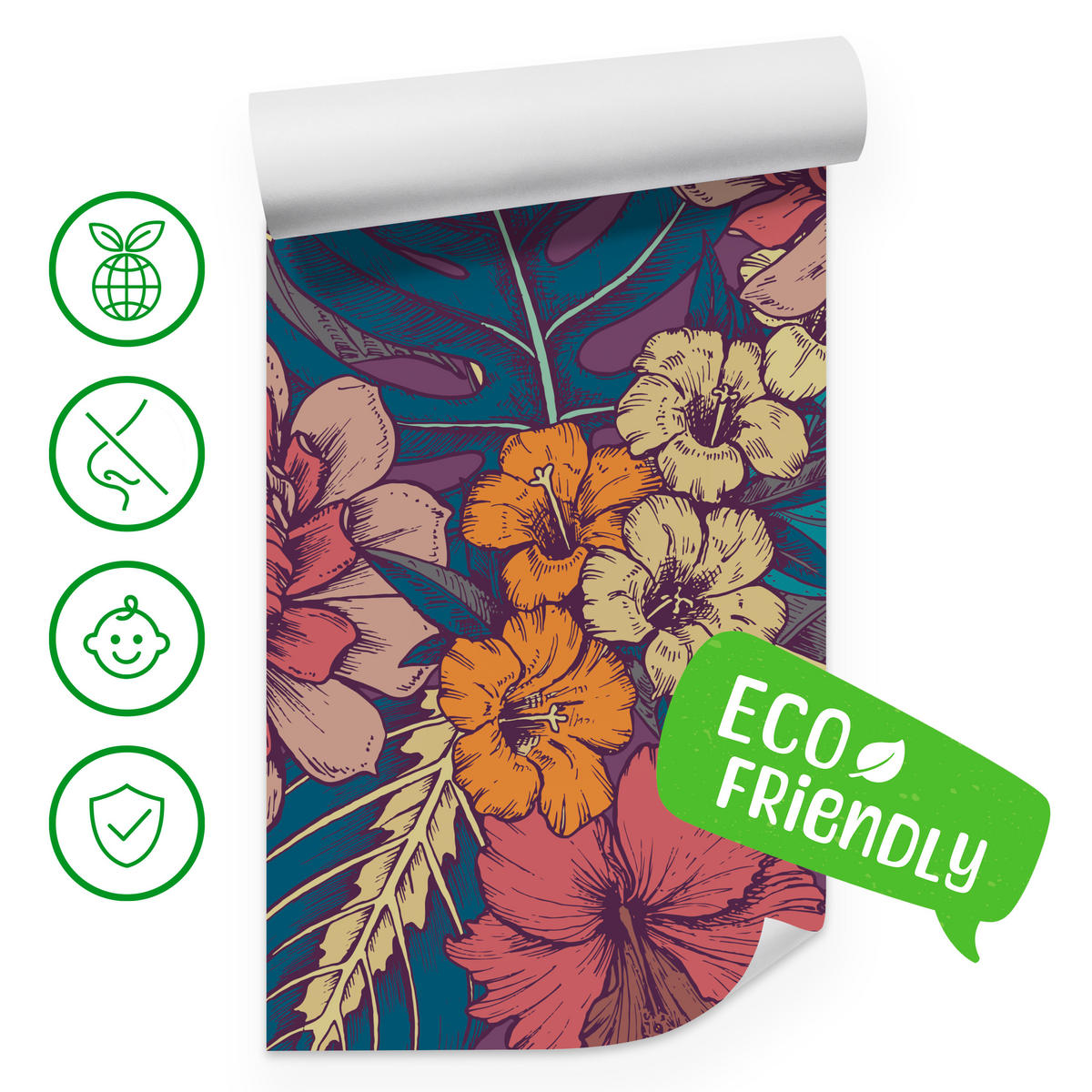 FOTOTAPETE für Schlafzimmer Retro Bunte Blätter Blumen Pflanzen 200x140 - Türkis/Blau, Papier (200/140cm) - Muralo