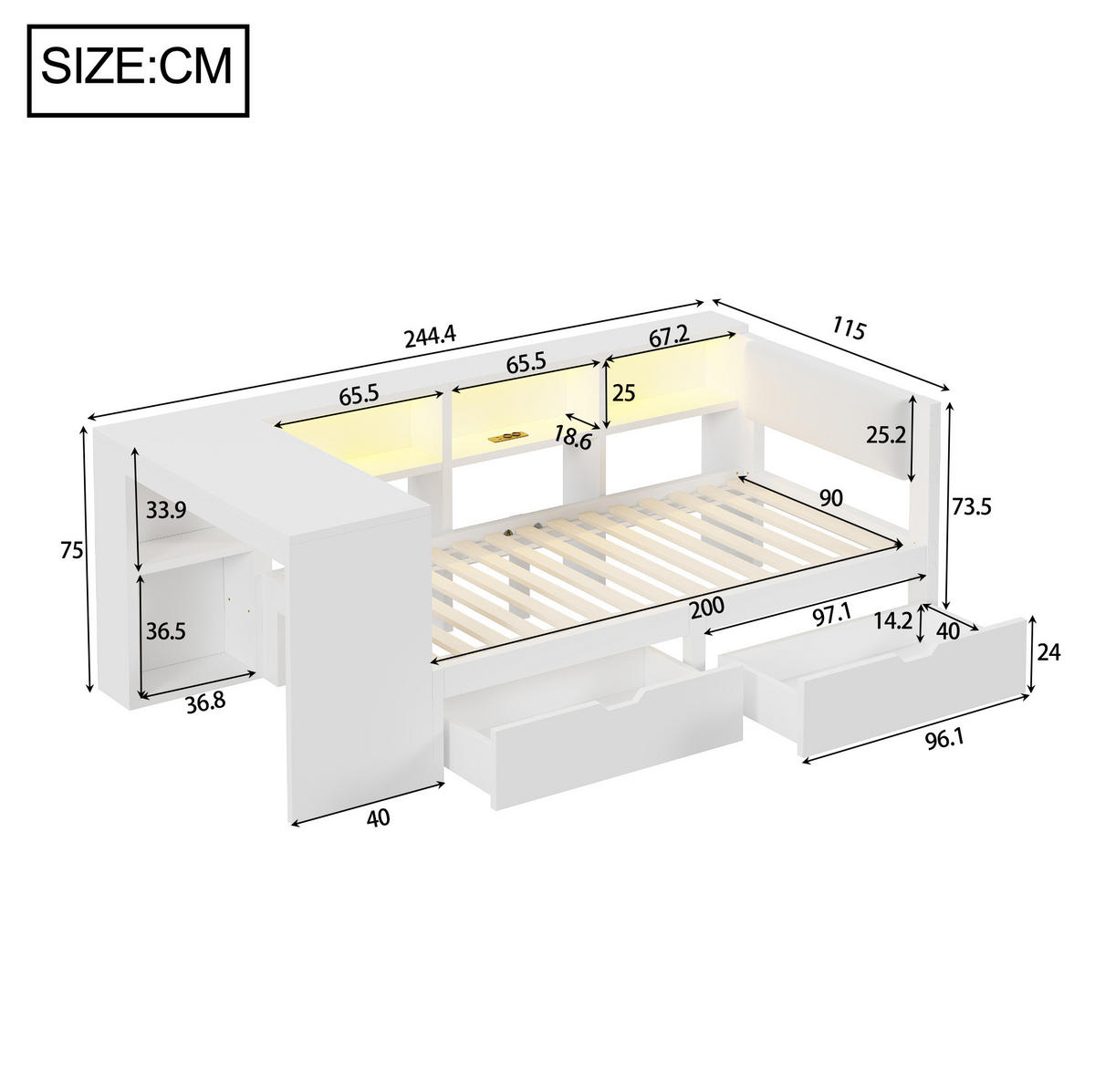 KREVET 90/200 cm s policama, ladicama, USB priključcima i LED osvjetljenjem, Bijela - bijela, drvni materijal (90/200cm) - Redom