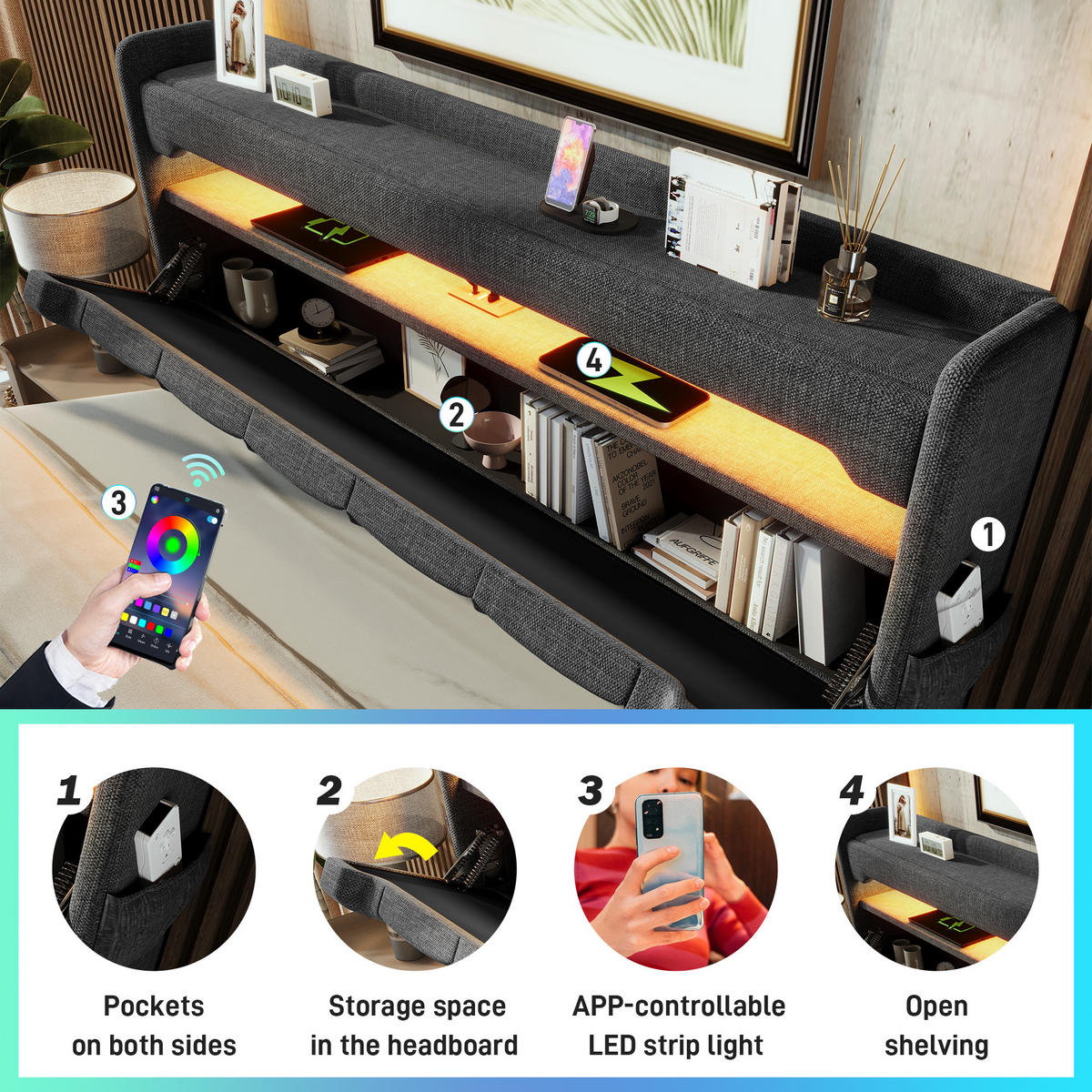 POLSTERBETT 90/200 mit Bettkasten, LED, USB, Typ-C und Matratze in Grau - Grau, Holzwerkstoff/Textil (90/200cm) - EVRYAE