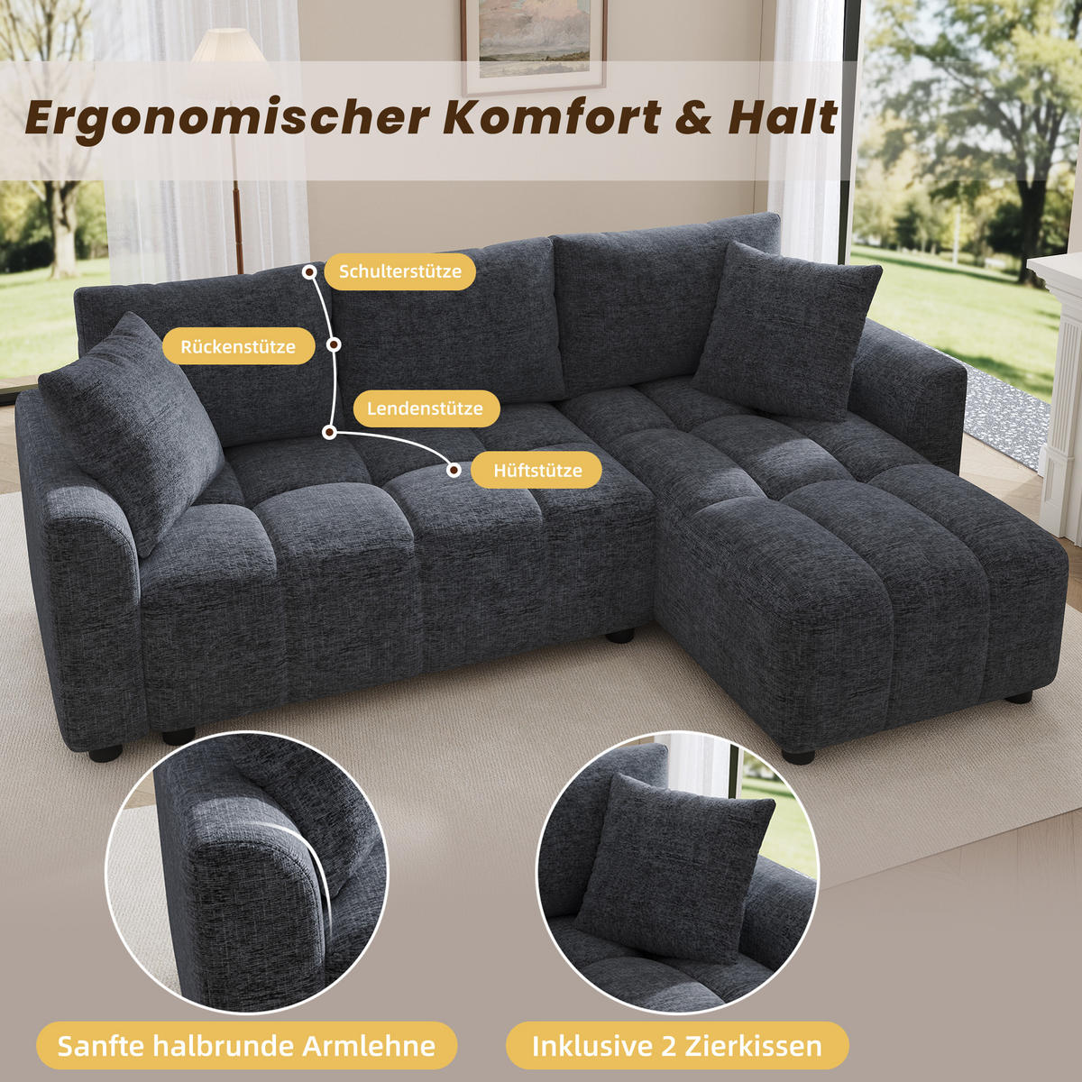 ECKSOFA 204/127/82.5 cm Grau Chenille mit 2 Zierkissen - Grau, Holz/Textil (204/127cm) - Oxeza