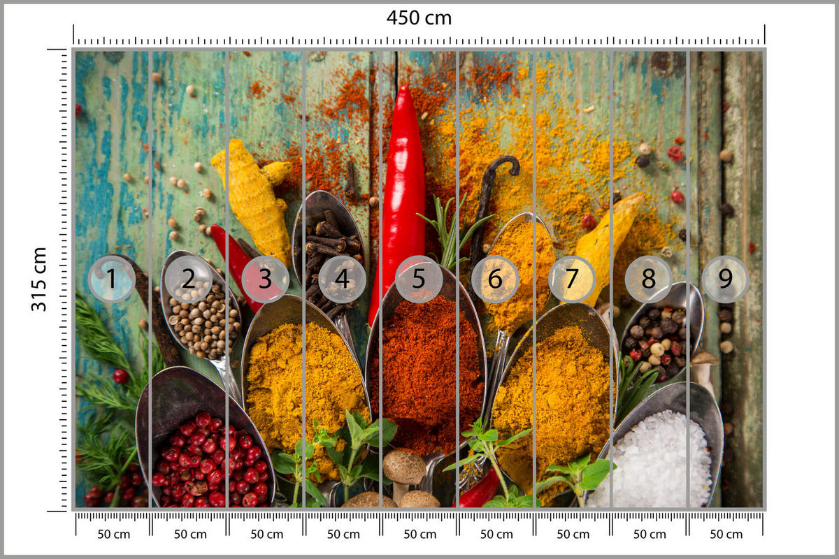 OTOTAPETA Pre Kuchyňu Korenie Drevo Rustikálne Paprika Zázvor 450 x 315 cm - oranžová/hnedá, papier (450/315cm) - Muralo