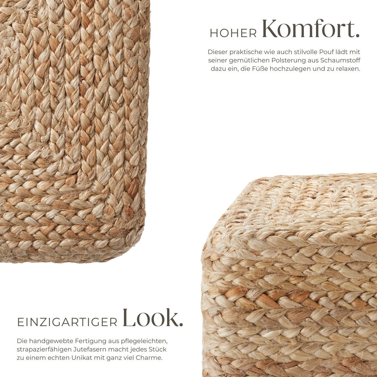 HANDGEFERTIGTER POUF Banno Cube,40 x 40 x 41 cm, Belastbarkeit 150 kg,beige - Beige, Textil (40/41/40cm) - tectake