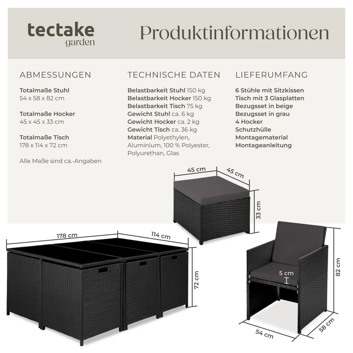 RATTAN SITZGRUPPE New York,2 Bezugssets, zusammenschiebbar, inklusive Schutzhülle,schwarz - Schwarz, Kunststoff - tectake
