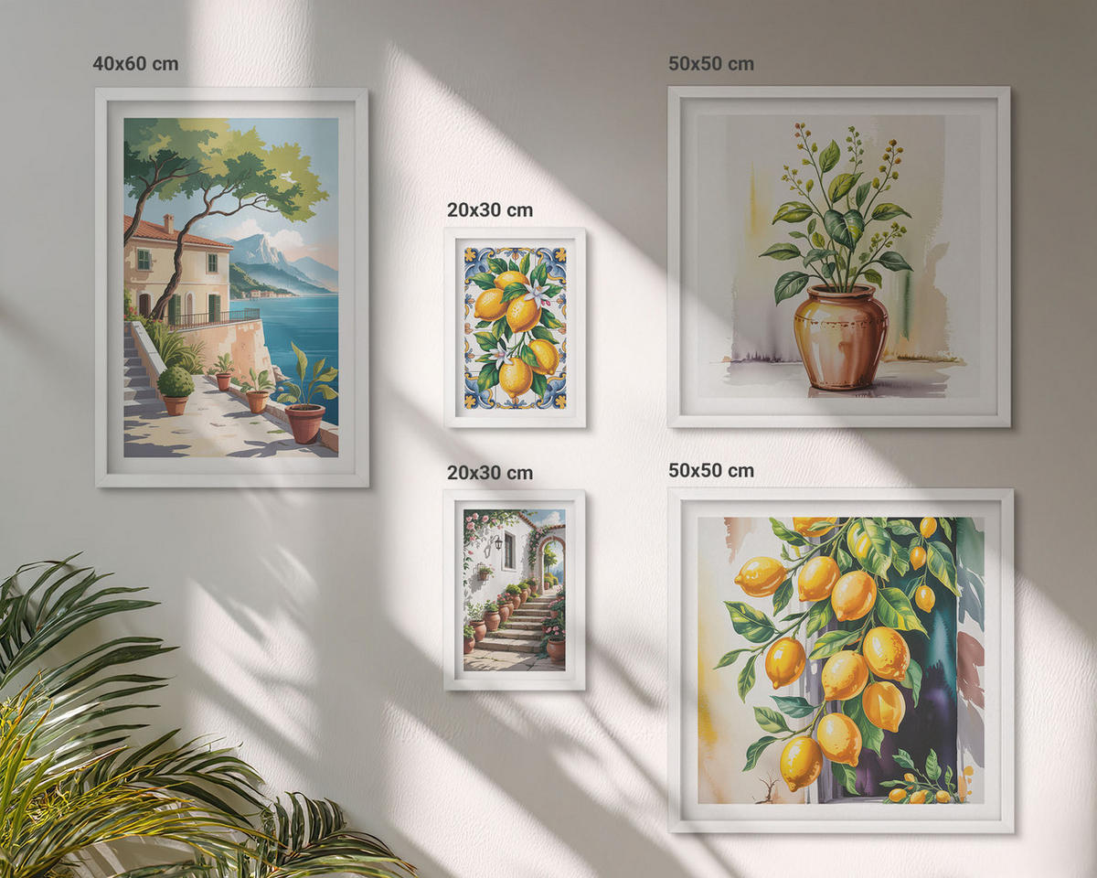 WANDBILDER 5er-Set - 50x50 cm & 20x30 cm & 40x60 cm Weißer Rahmen - Zitrusbaum im Fenster am Meer - Weiß, Kunststoff (40/60cm) - ArtPrintCave