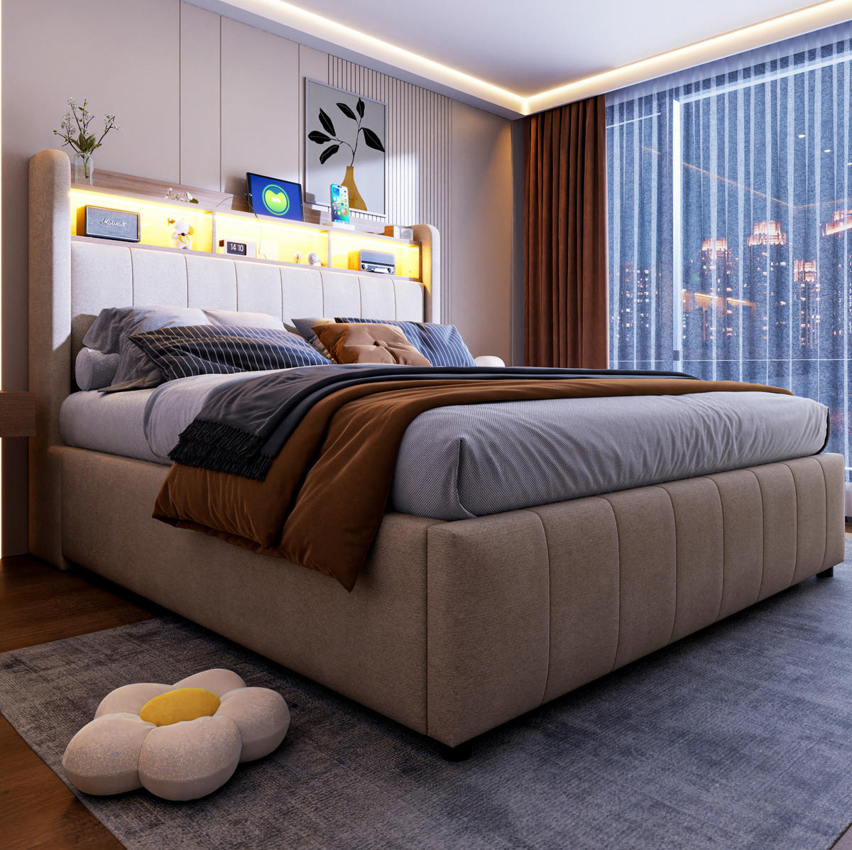 POLSTERBETT 140/200 cm Beige mit LED-Beleuchtung, Stauraum und USB/Type-C - Beige, Textil (140/200cm) - Flora Grace