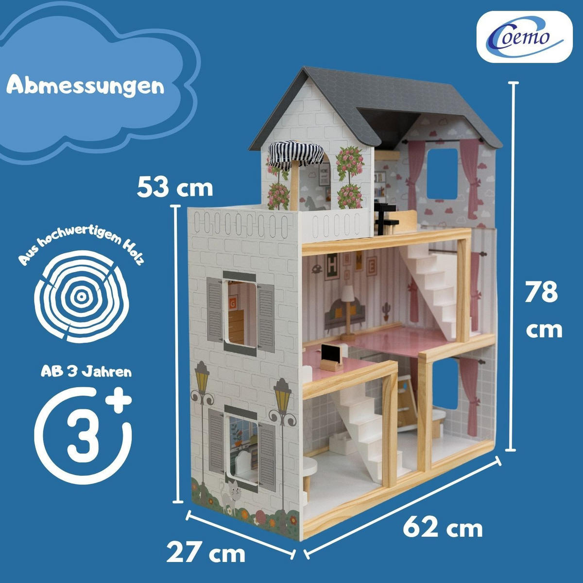 PUPPENHAUS LARA Holz Villa möbliert 3 Etagen - Weiß, Holzwerkstoff (27/78/62cm) - Coemo