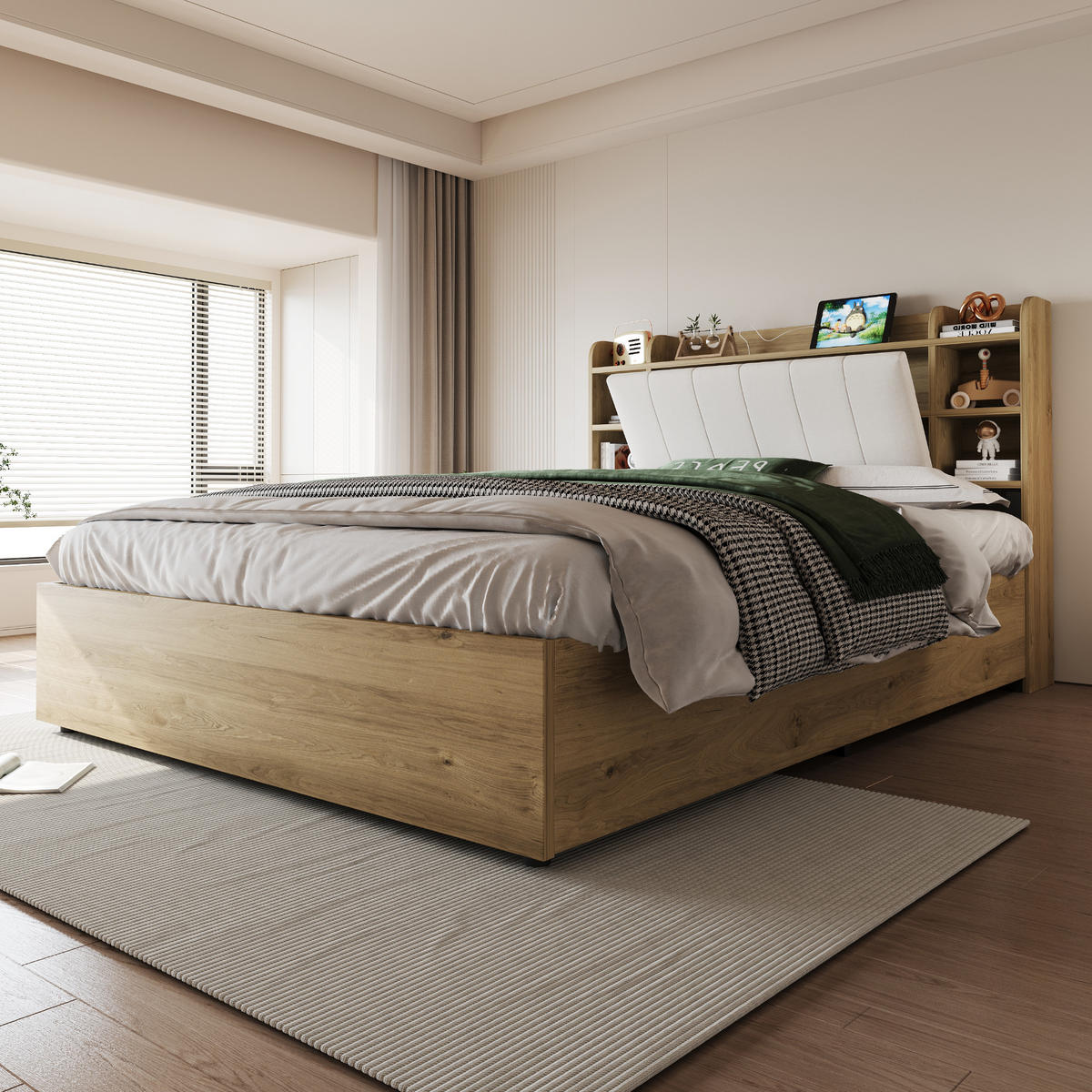 POLSTERBETT 180/200 cm Holzfarbe mit Stauraum, Ausgestattet mit USB und Tape-C-Steckdose - Naturfarben, Holz (180/200cm) - Oxeza
