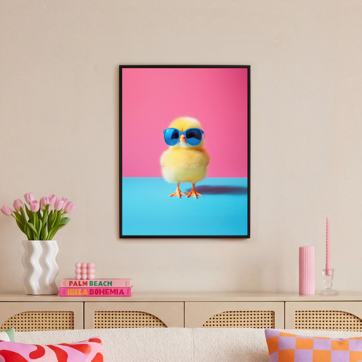 LEINWAND Bilder mit Rahmen - Chick - Sonnenbrille - Blau - 50x70 - Pink, Textil (50/70cm) - MuchoWow