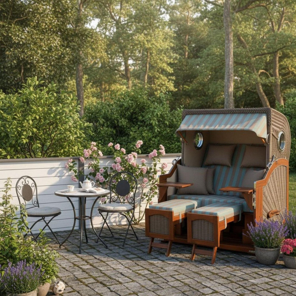 STRANDKORB Komplettset: Ammersee Grande XL Mahagoni Bullauge - PE grau - Modell 520 - Blau/Braun, Holz/Kunststoff (142/165/95cm) - bene living