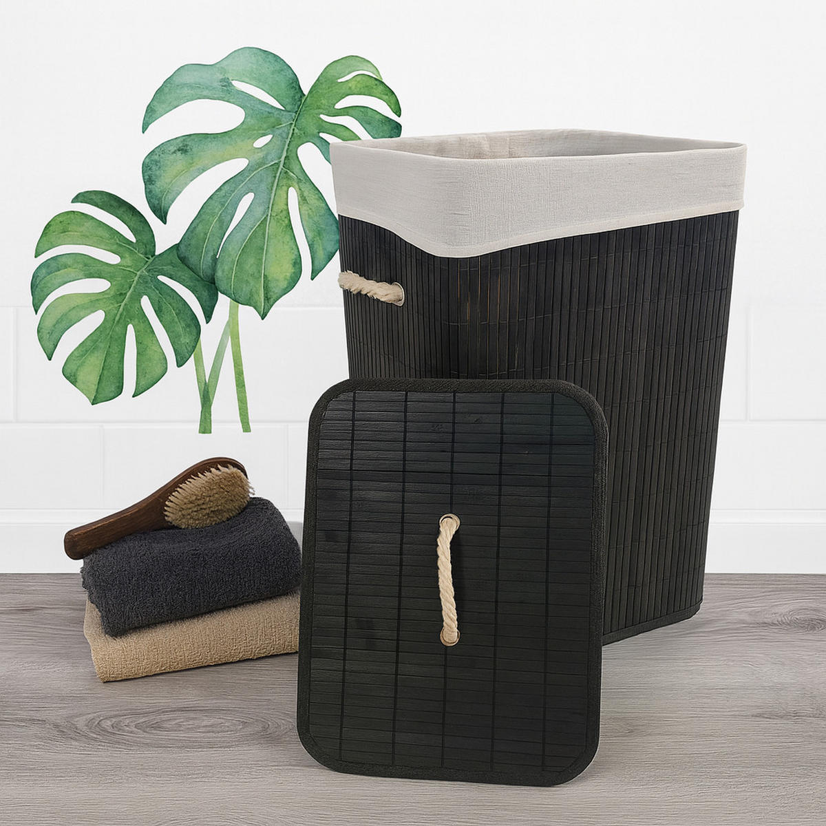 WÄSCHEKORB Bambus Schwarz mit Deckel 60x40x30 cm - Schwarz, Holzwerkstoff (40/60/30cm) - Begryf