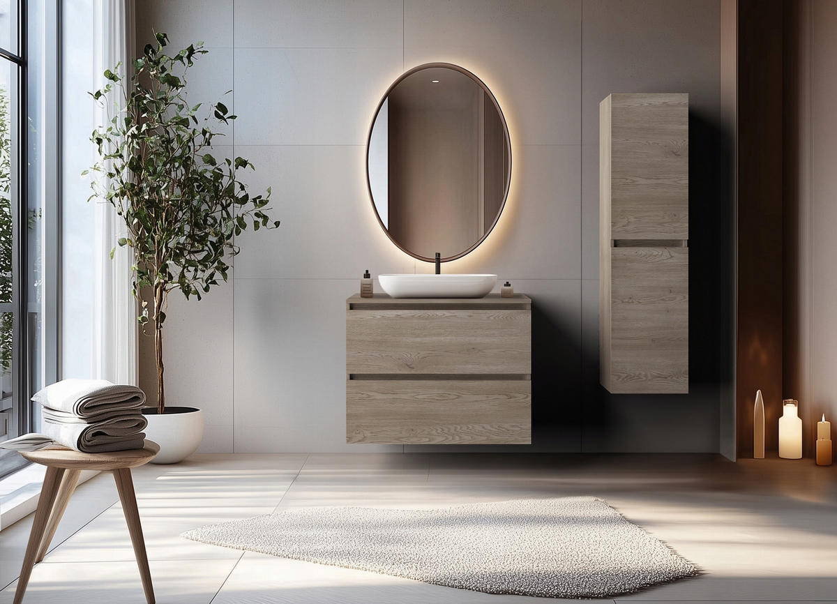 WASCHBECKUNTERSCHRANK SIMPLE 80cm mit Waschbecken Dunkel Eiche - Wildeiche, Holz (80/62/46cm) - Rodan