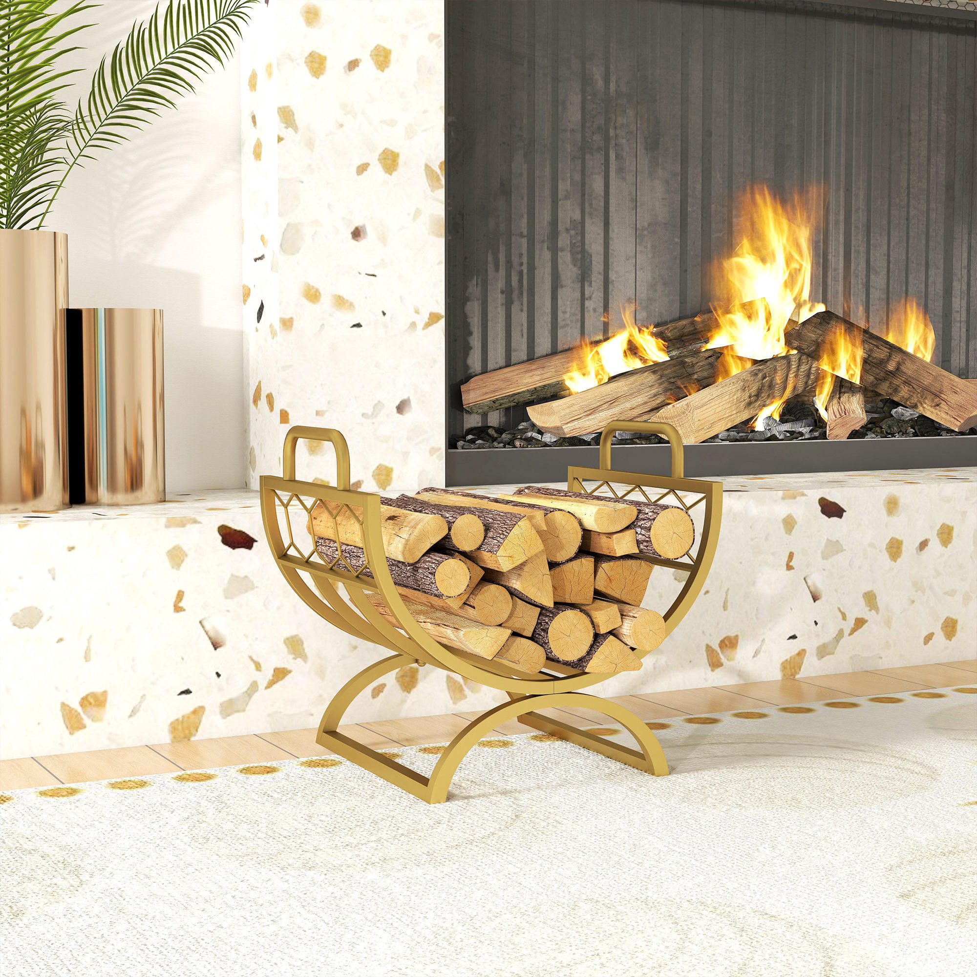 KAMINHOLZREGAL für innen 46 x 36 x 41cm Brennholzregal für Kamin Ofen Gold - Goldfarben, Metall (36/41/46cm) - Outsunny