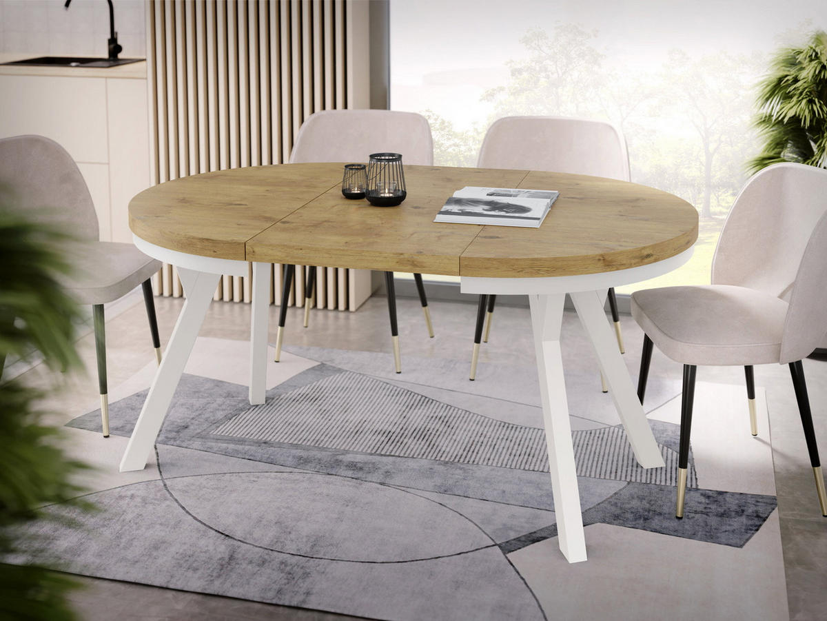 ESSTISCH Lume Weiß runder ausziehbarer, Lancelot Eiche 100-150/100/76 cm - Eichefarben/Braun, Holz/Holzwerkstoff (100/150/76cm) - WFL GROUP