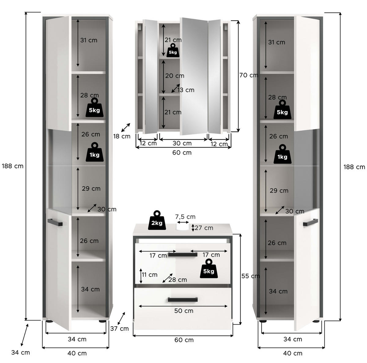 BADMÖBEL-SET 4-teilig Set weiß Hochglanz, grau, Badezimmermöbel mit viel Stauraum - Weiß Hochglanz/Schwarz, Glas/Holzwerkstoff (170/188/37.5cm) - Inn.Furn