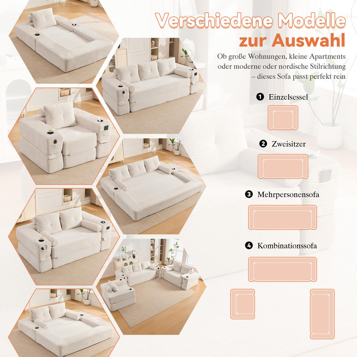 SCHLAFSOFA mit Cordbezug, Federkern, Getränkehalter und Seitentasche in Beige - Beige, Textil (122/80/98cm) - EVRYAE