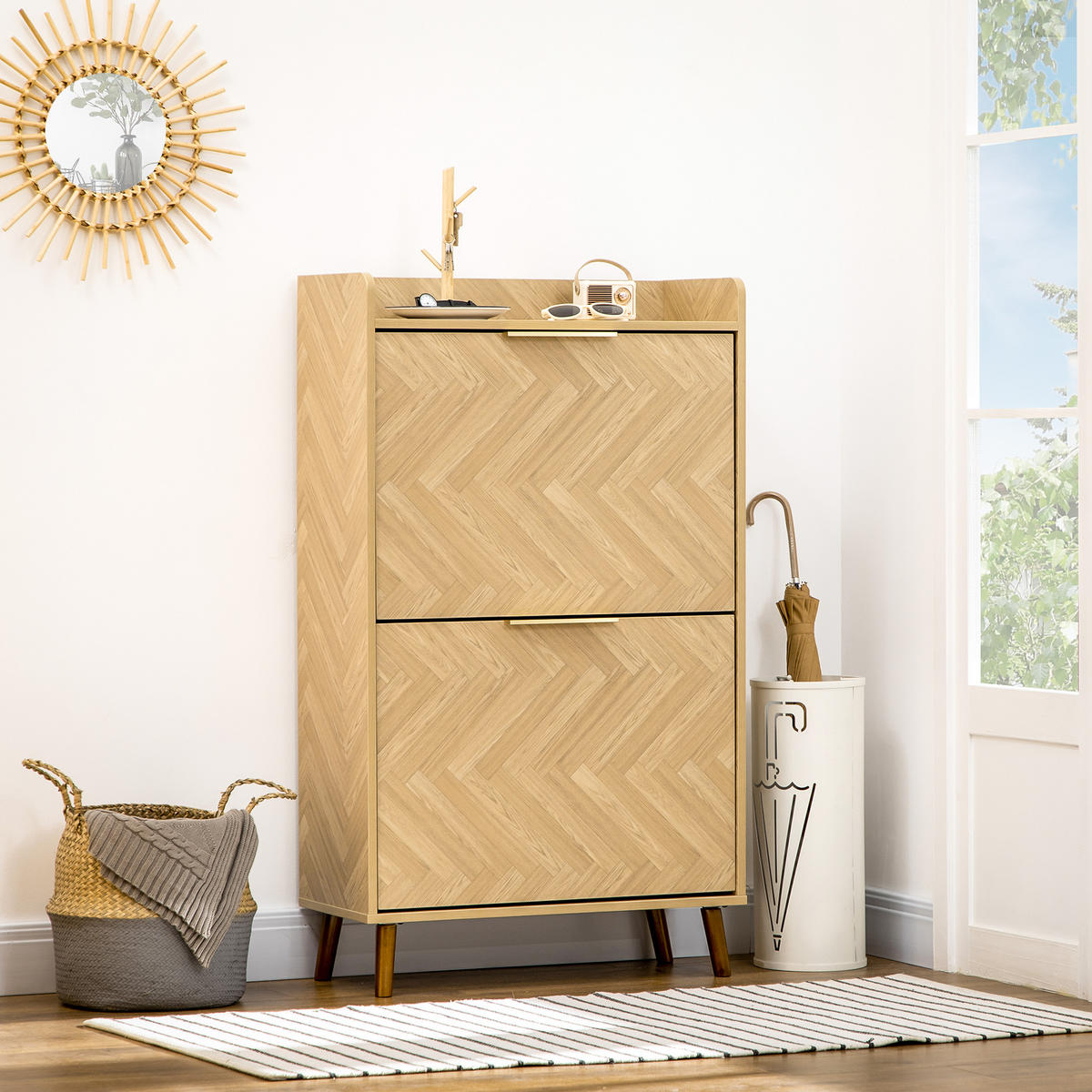 SCHUHSCHRANK DE-14985 Vintage mit Fischgrätmuster Holzoptik - Naturfarben, Holzwerkstoff (70/120/30cm) - ComfortXL