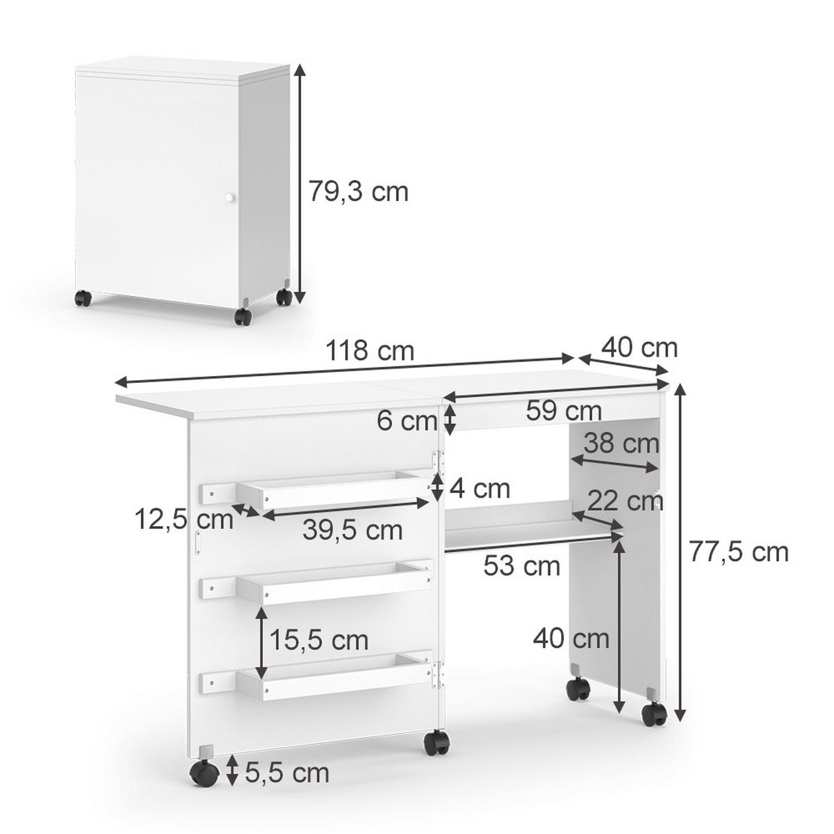 NÄHTISCH Carmen Weiß 118 x 79.3 cm mit 3 Regalen - Weiß, Holzwerkstoff (40/118/77.5cm) - Vicco