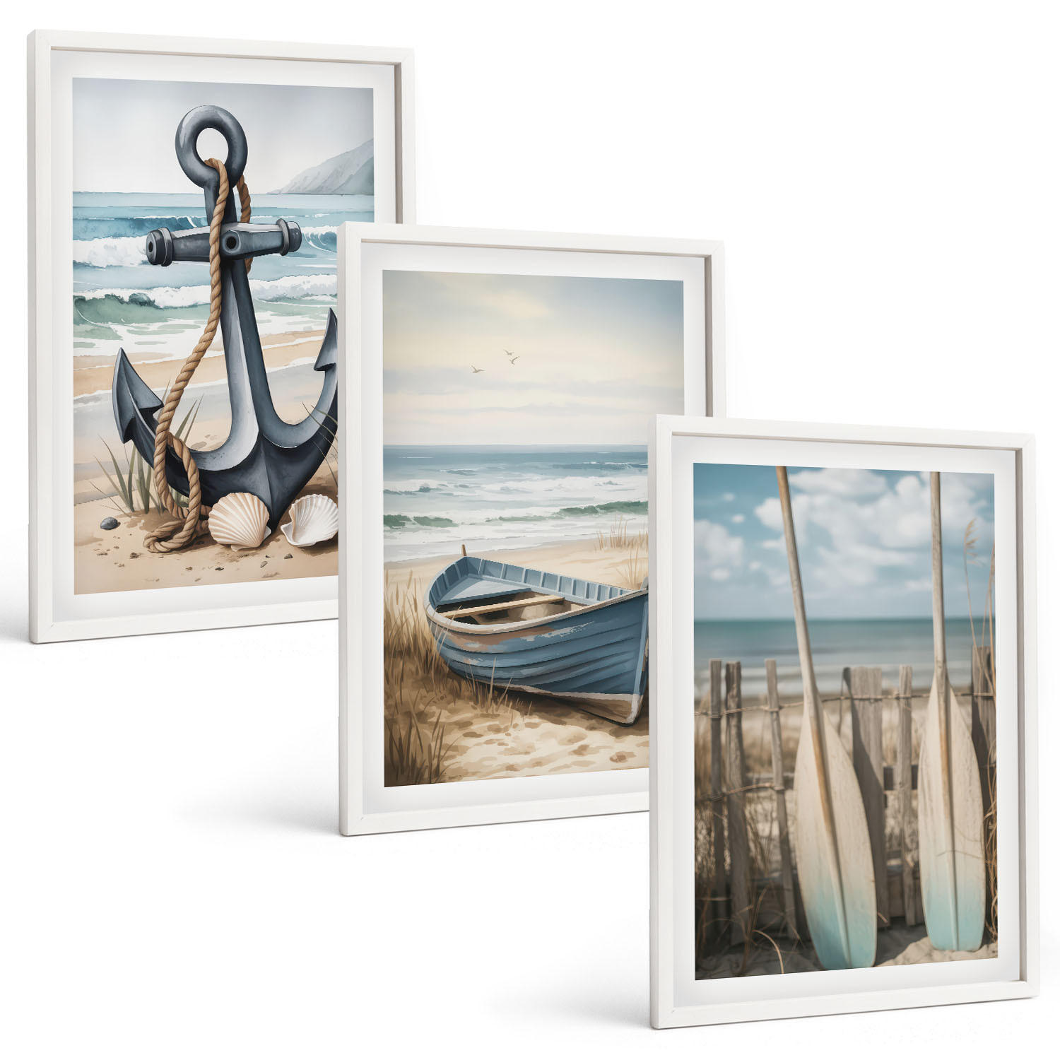 BILDER SET 3er Set - 40x60 cm Weißer Rahmen - Anker, Boot, Ruder, Strand - Weiß, Kunststoff (40/60cm) - TULUP