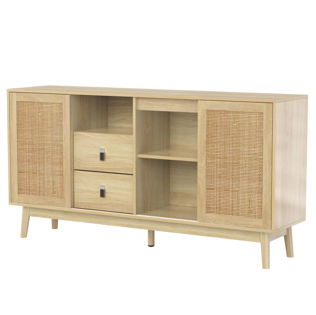 SIDEBOARD mit Schiebetüren und 2 Schubladen 155 x 38 x 80 cm Rattan Holz - Hellbraun, Holzwerkstoff (155/80/38cm) - Meubliv