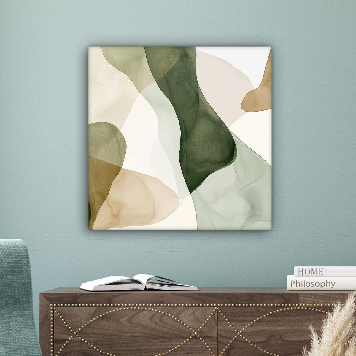 LEINWANDBILD Japandi - Abstrakt - Grün Wandbild Wohnzimmer 50x50 cm - Multicolor, Textil (50/50cm) - MuchoWow